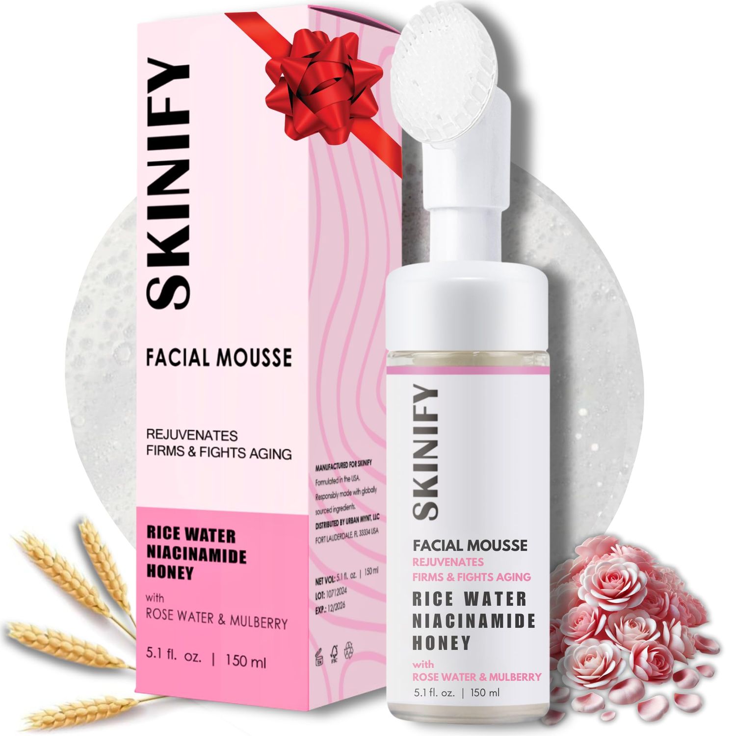 SKINIFY Rice Water Facial Foam Cleanser Collagen-Infused w/Exfoliator - Double Organic Mousse with Rose Water, Niacinamide &amp; Honey - All Skin Types Women &amp; Men - Firms &amp; Fights Aging (5.1 Oz)
