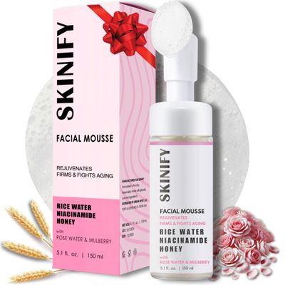 SKINIFY Rice Water Facial Foam Cleanser Collagen-Infused w/Exfoliator - Double Organic Mousse with Rose Water, Niacinamide &amp; Honey - All Skin Types Women &amp; Men - Firms &amp; Fights Aging (5.1 Oz)