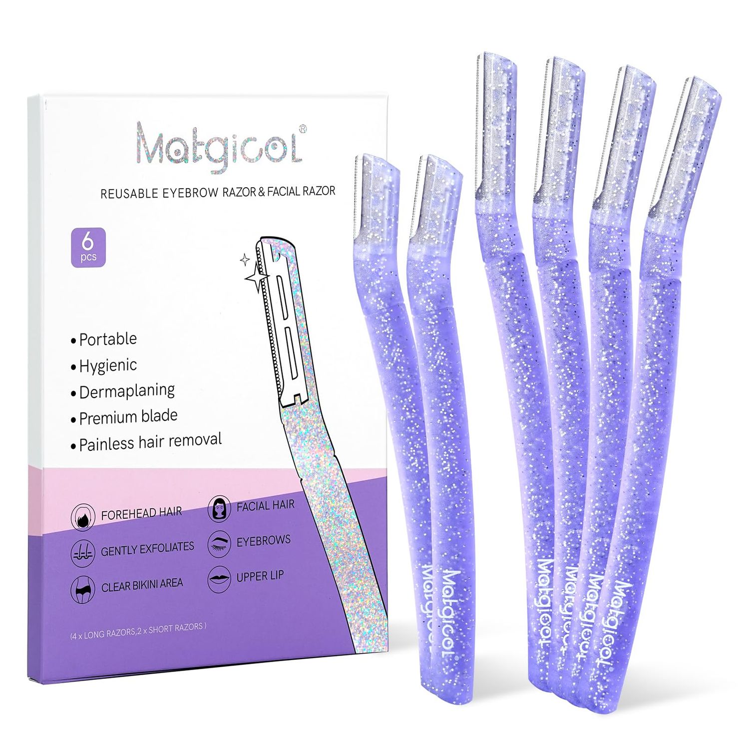 Womens Dermaplane Razor for Face &amp; Eyebrow - Anti-Cutting Japanese Blades for Eyebrow and Facial Hair Removal, Achieve Silky Skin and Perfect Brows (Purple, 6 Count)