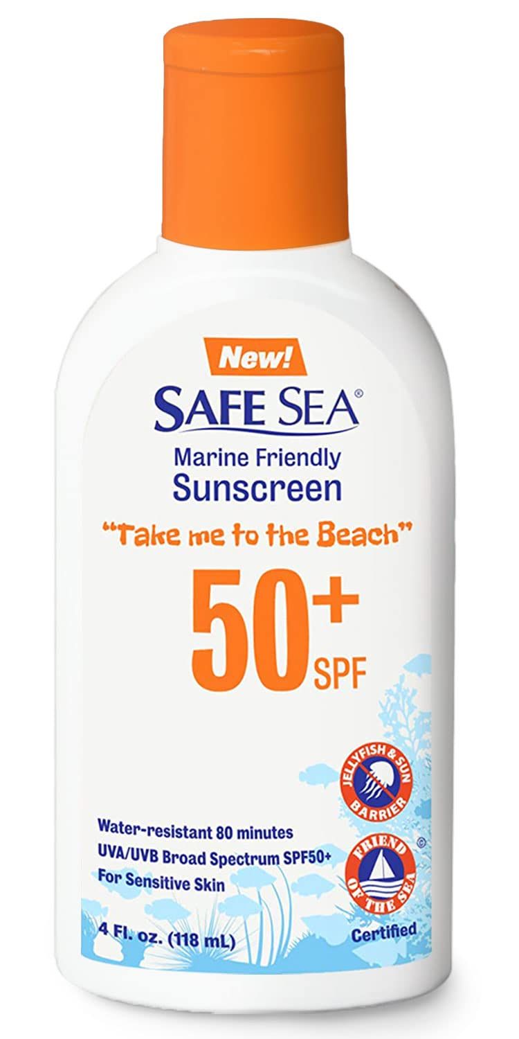 Safe Sea Jellyfish Sting-Blocking Sunscreen, SPF 50+ Lotion 4oz, Waterproof, Biodegradable, Coral Reef-Safe - Body and Face Sunscreen, Anti-Jellyfish and Sea-Lice sting protection.