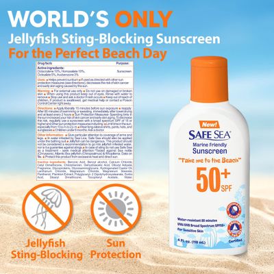 Safe Sea Jellyfish Sting-Blocking Sunscreen, SPF 50+ Lotion 4oz, Waterproof, Biodegradable, Coral Reef-Safe - Body and Face Sunscreen, Anti-Jellyfish and Sea-Lice sting protection.