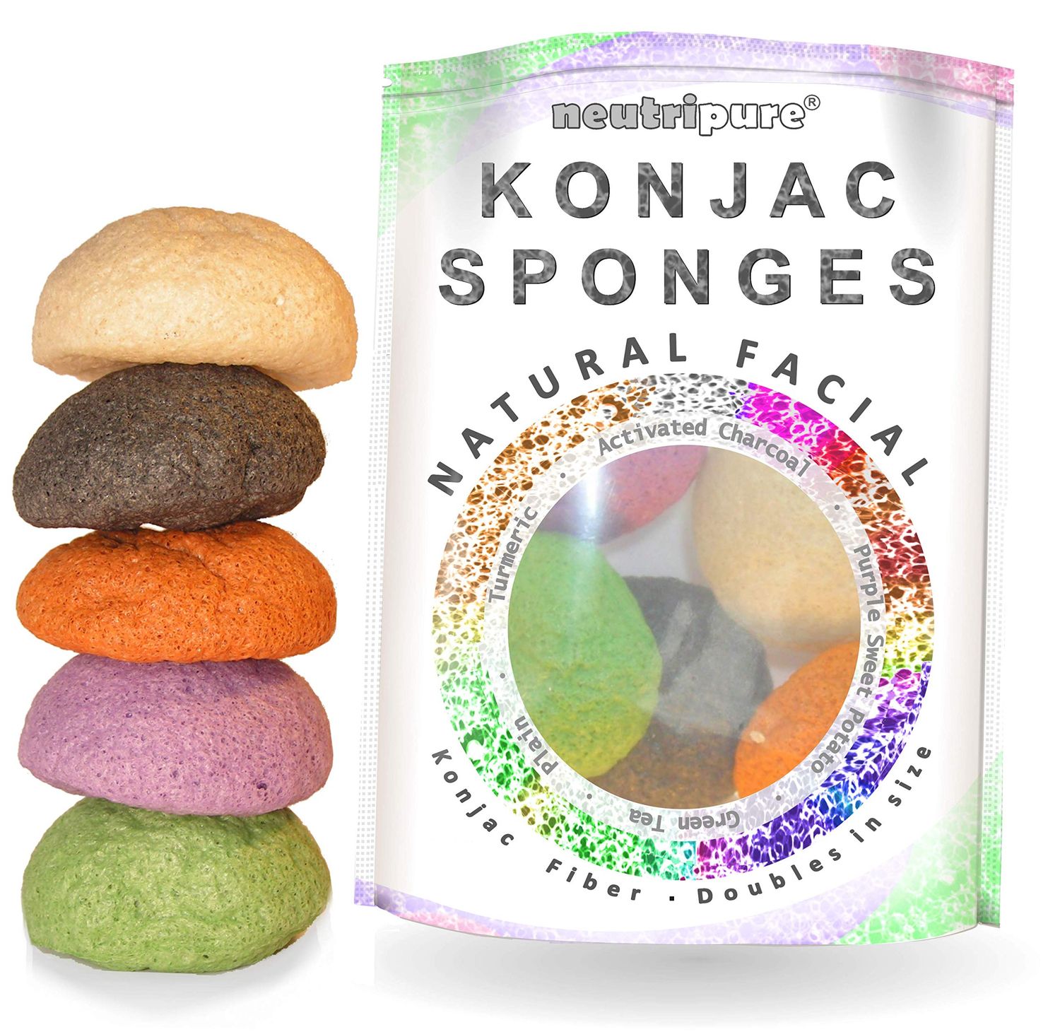 Konjac Sponge Set: Organic Skincare Facial for Natural Exfoliating and Deep Pore Cleansing 5 Piece Sampler Pack Infused with Charcoal, Turmeric, Green Tea