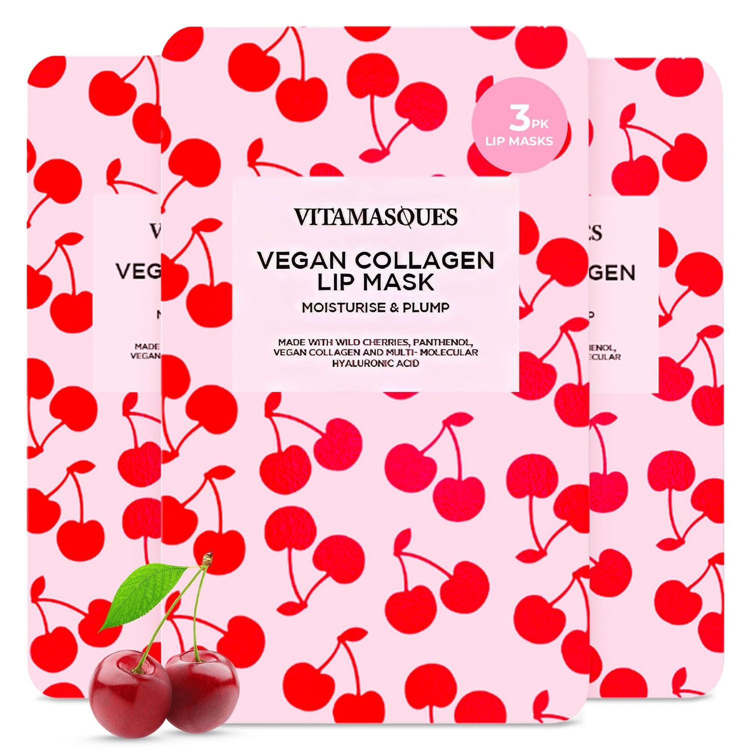 Vitamasques Lip Mask, 3-Pack - Cherry Vegan Collagen Lip Mask Sheets, Repair for Dry &amp; Chapped Lips - Nourishing &amp; Hydrating - Wild Cherries &amp; Hyaluronic Acid - Vegan &amp; Cruelty-Free