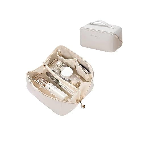 TUYSKE Makeup Bag Large Travel Cosmetic Bag Make up Bags with Compartments Waterproof PU Leather Travel Makeup Organizer and Storage Toiletry Bags for Traveling Women Skincare Bag White