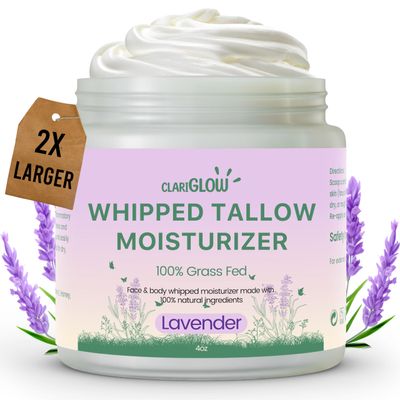Whipped Beef Tallow Face Moisturizer | 100% Grass Fed Organic Beef Tallow Skin Face Balm Cream | Organic Lotion Balm Body Moisturizer with Honey &amp; Lavender | 4 oz | Natural Skin Care