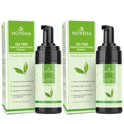 NOVEHA Tea Tree Oil Foaming Cleanser - Therapeutic Daily Skincare For For Eyelash &amp; lids, MGD, Stye Eyes, Skin Dryness, Moisturize with Organic Ingredients, For All Skin Types (2 Pack)