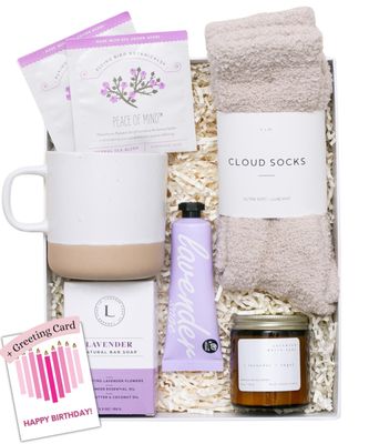 Unboxme Lavender Spa Gift Set - Relaxation Gifts For Women - Get Well Soon Gift Basket with Scented Candle, Bath Bomb, Soap