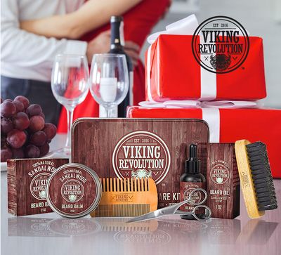 Viking Revolution Ultimate Grooming Kit for Men - Boar Brush, Wood Comb, Sandalwood Balm &amp; Oil, Scissors for Beard &amp; Mustache