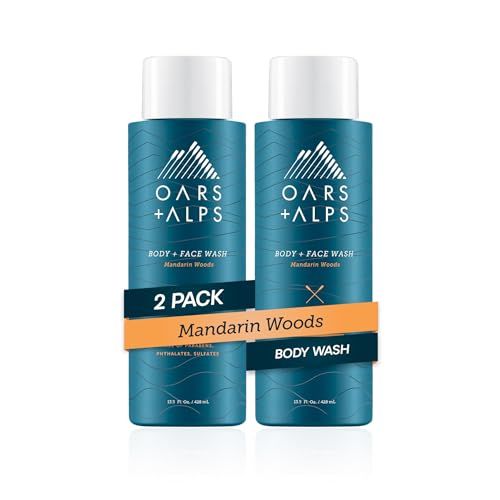 Oars + Alps Mens Moisturizing Body and Face Wash, Skin Care Infused with Vitamin E and Antioxidants, Sulfate Free, Mandarin Woods, 13.5oz, 2 Pack