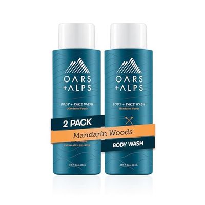 Oars + Alps Mens Moisturizing Body and Face Wash, Skin Care Infused with Vitamin E and Antioxidants, Sulfate Free, Mandarin Woods, 13.5oz, 2 Pack