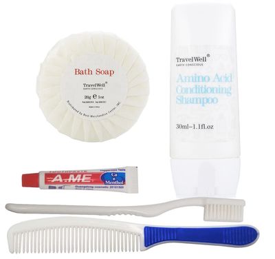 Travel Well Hotel Toiletries Amenities Bulk Individually Wrapped 30ml Shampoo &amp; Conditioner 2 in 1, Round Tissue Pleated 28g Cleaning Travel Soap In Bulk, Comb,Toothbrush Toothpaste 25 Set
