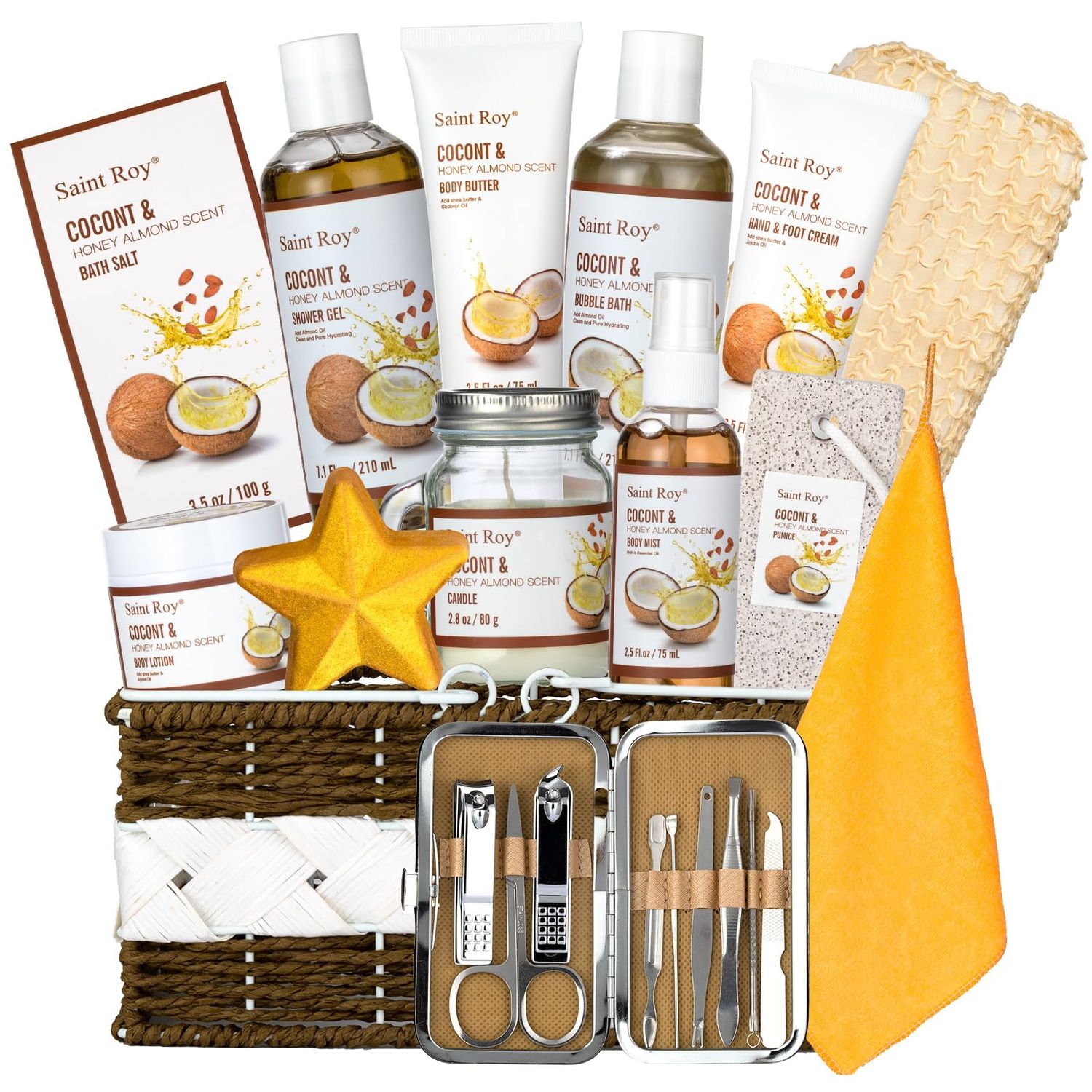 Perfumes Bath Spa Gift Baskets Set for Women &amp; Men Bath and Body Shower Bath Kit, Personal Care Gift Set, Coconut &amp; Honey Almond Pampering Large Luxury Home Spa Kit, Mother&#39;s Day Gifts for Mom