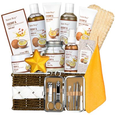 Perfumes Bath Spa Gift Baskets Set for Women &amp; Men Bath and Body Shower Bath Kit, Personal Care Gift Set, Coconut &amp; Honey Almond Pampering Large Luxury Home Spa Kit, Mother&#39;s Day Gifts for Mom