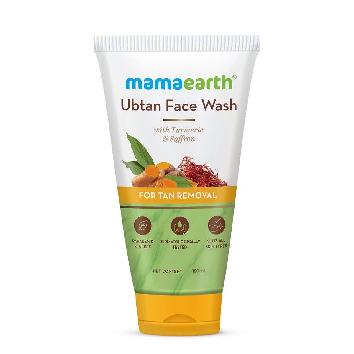 Mamaearth Ubtan De Tan Face Wash | Helps Reduce Tanning &amp; Sun Damage | Gently Cleanses Dirt &amp; Excess Oil | Enriched with Turmeric &amp; Saffron | 5.07 Fl Oz (150ml)
