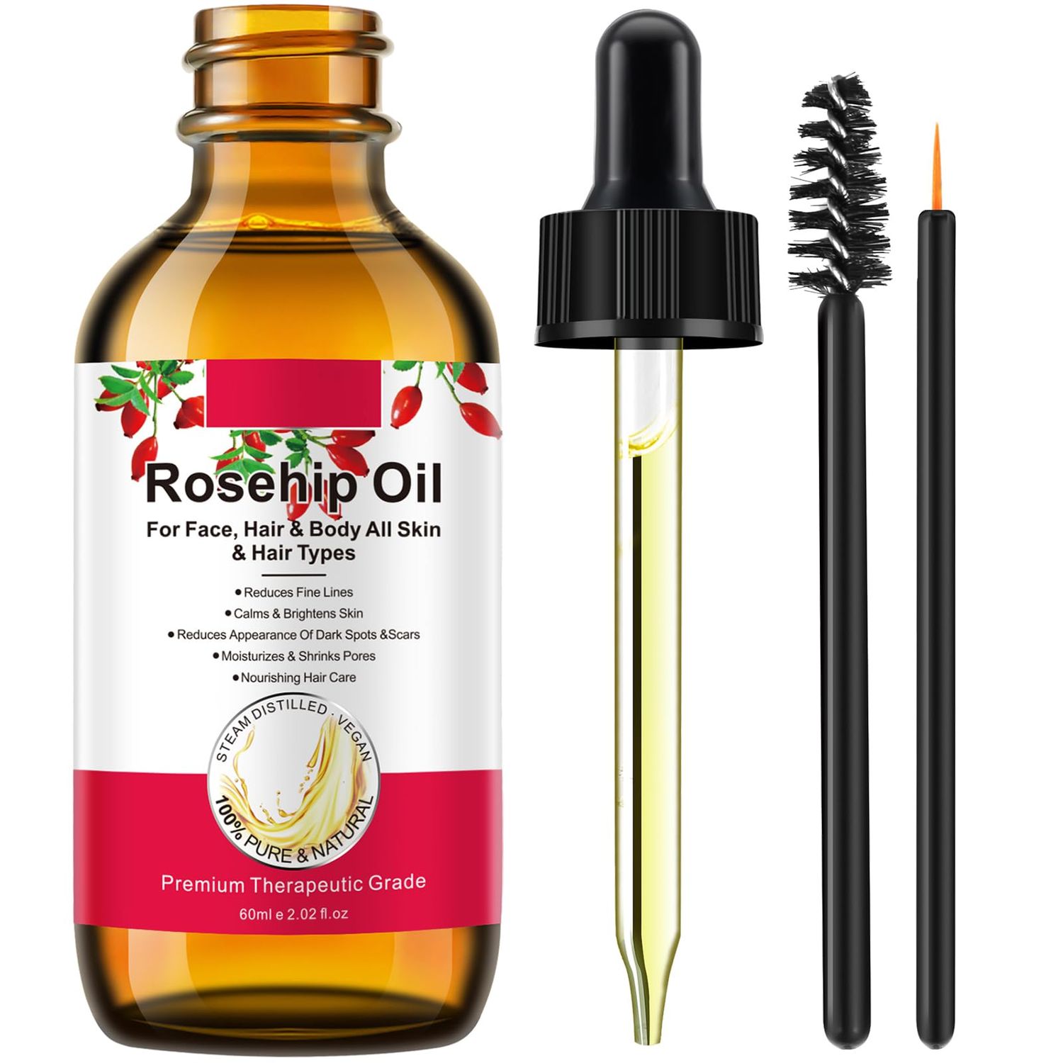 Valleylux Rosehip Oil 60ml, 100% Pure &amp; Natural Rosehip Oil for Face, Body, Hair, Skin &amp; Hand, Can Be Used on Face Moisturizer, Anti-Aging, Dry Skin Relief, Hair Care. (1Pack-2.02fl.oz)