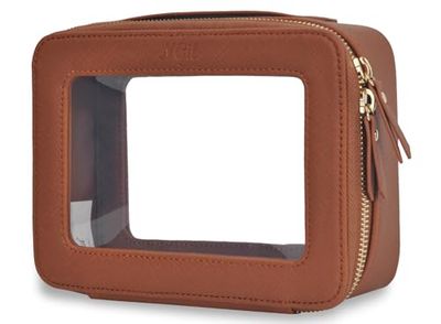 NGIL Clear Faux Leather Travel Toiletry Bag, Makeup Bag Organizer for Women, Clear Window &amp; Gold Zipper Makeup Bag, Road Trip Essential, Skincare, Cruise Ship Essentials (Brown)
