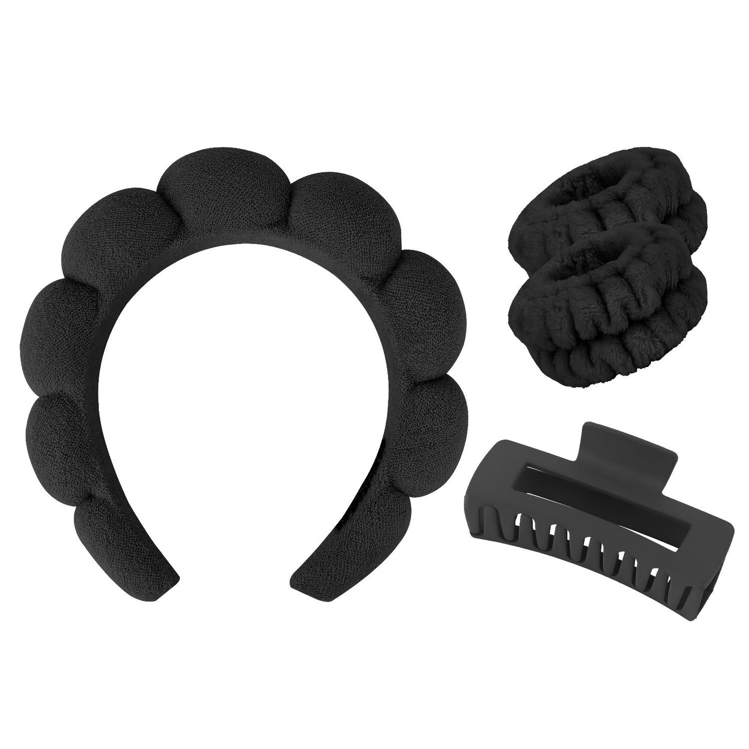 Wecoe Spa Headband And Wristband Set Skincare Headband For Washing Face Hair Claw Clips For Thick Hair Cute Black Puffy Sponge Makeup Headband Bubble Headband Wrist Towels Scrunchies For Women Girls