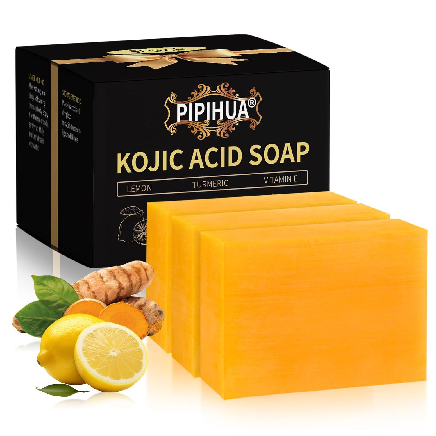 PIPIHUA Lemon Turmeric Kojic Acid Soap: Soap for Skin Combines Lemon &amp; Turmeric &amp; Kojic acid &amp; Collagen &amp; Vitamin C &amp; Glutathione(3 Pack)