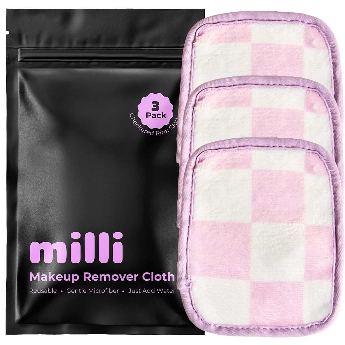Makeup Remover Cloth - Set of 3 Pink and White Checkered Reusable Microfiber Cleansing Cloths to Gently Remove Mascara, Eyeliner, Eye Shadow, Lipstick with Just Water