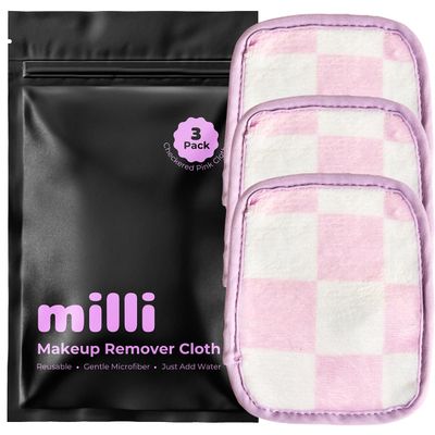 Makeup Remover Cloth - Set of 3 Pink and White Checkered Reusable Microfiber Cleansing Cloths to Gently Remove Mascara, Eyeliner, Eye Shadow, Lipstick with Just Water