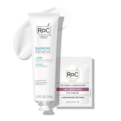 RoC Barrier Renew Night Moisturizer with Ceramides &amp; Antioxidant Green Tea and Lipo Peptides to Renew Skin Barrier, Stocking Stuffers for Men &amp; Women, (2.5 oz) with Retinol Eye Cream Packette