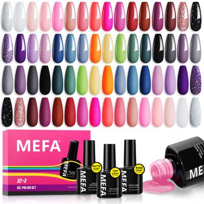 MEFA 35 Pcs Gel Nail Polish Set, 32 Colors All Seasons Collection Gel Nail Polish Kit with Base Coat No Wipe Glossy&amp;Matte Top Coat Blue Red Pink Nail Art Manicure DIY Salon Home Gifts for Women Girls