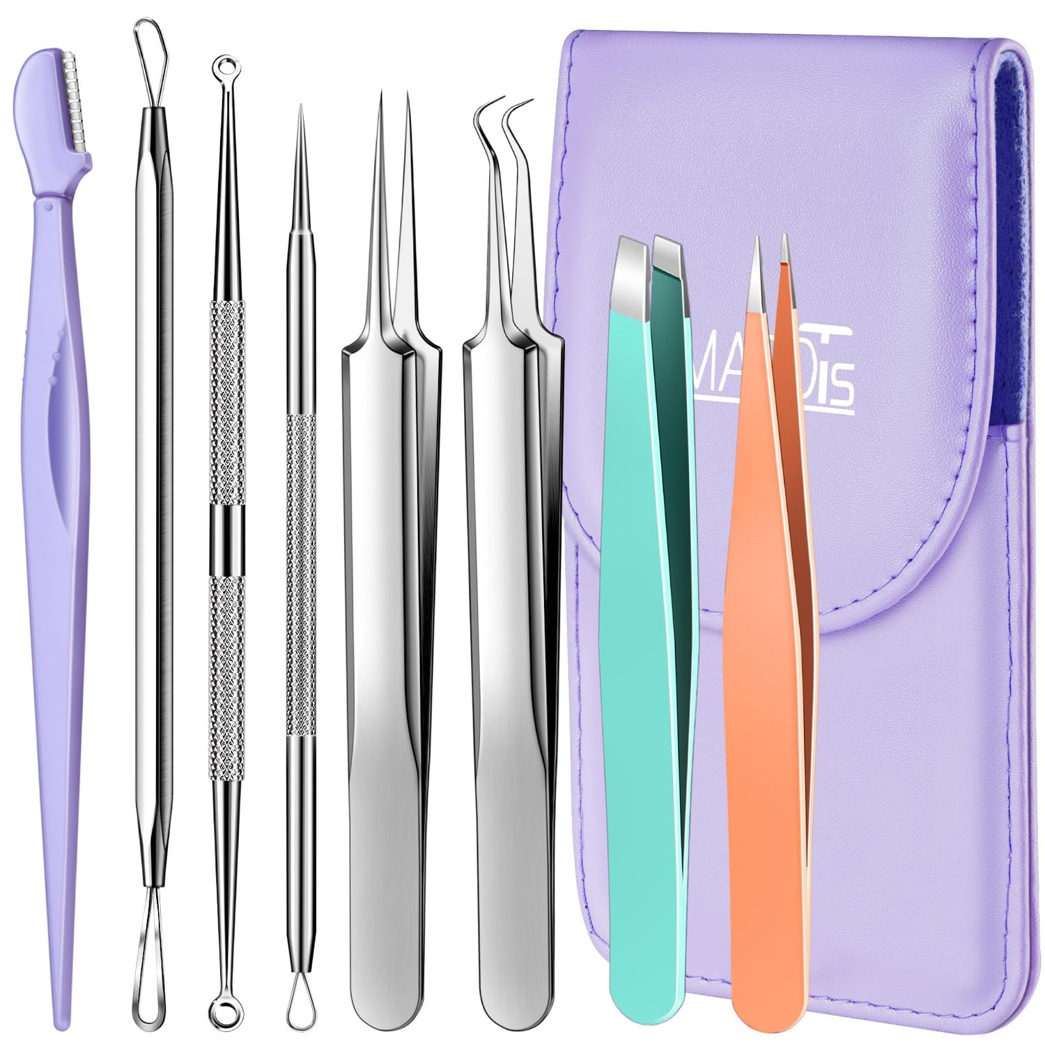 TsMADDTs Blackhead Remover Tools and Ingrown Hair Tweezers, 9PCS Pimple Popper Tool Kit, Ingrown Hair Removal Kit with Pimple Extractor, Pore Extractor, Tweezers, Razor
