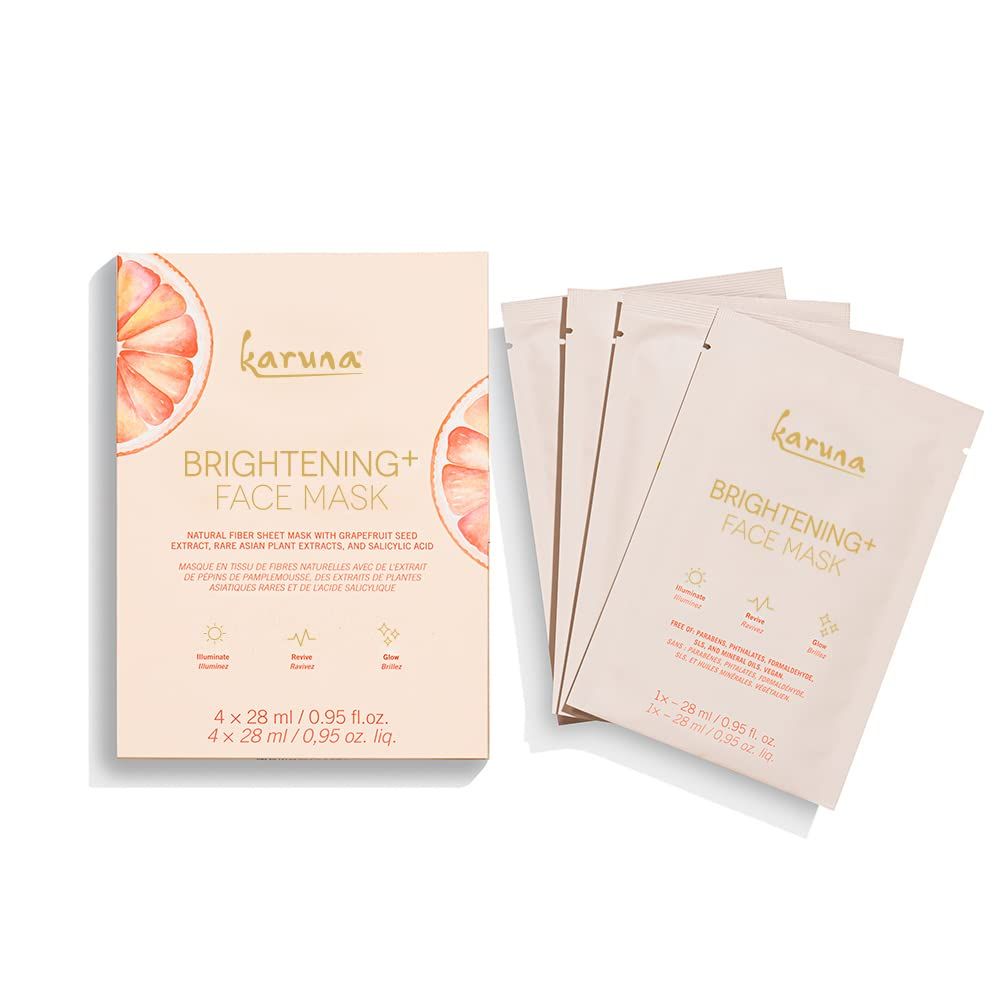 Karuna Skin - Brightening+ Sheet Masks for Radiant Skin, Hydrating Face Mask Skin Care Essential, Face Mask with Grapefruit Seed &amp; Rare Asian Plant Extracts Plus Salicylic Acid, 4 Sheets per Pack