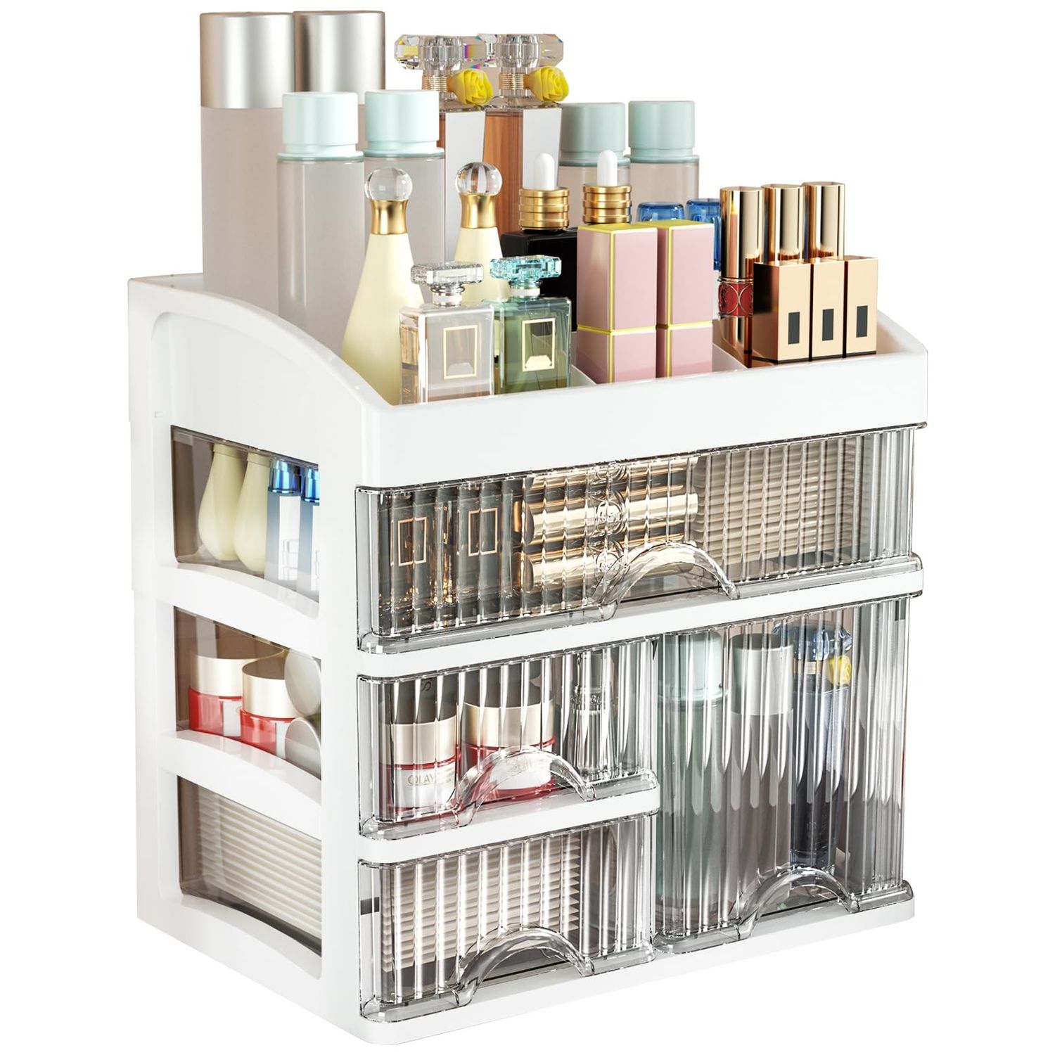 PTBSZCWY Large Makeup Organizer for Counter With 4 Drawers Cosmetic Organizer Countertop Make up Organizers for Vanity White Makeup Skincare organizers Storage Box