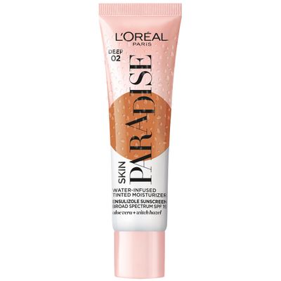 L&#39;Oreal Paris Skin Paradise Water-infused Tinted Moisturizer with Broad Spectrum SPF 19 sunscreen lightweight, natural coverage up to 24h hydration for a fresh, glowing complexion, Deep 02, 1 fl oz