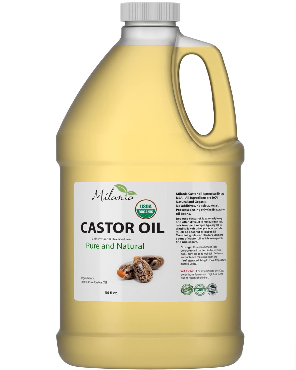 Premium Organic Castor Oil - (64 fl. oz.) 100% Pure and Hexane-Free Cold-Pressed Beauty &amp; Skincare Serum - Eyelash &amp; Eyebrow Hair Growth Enhancer