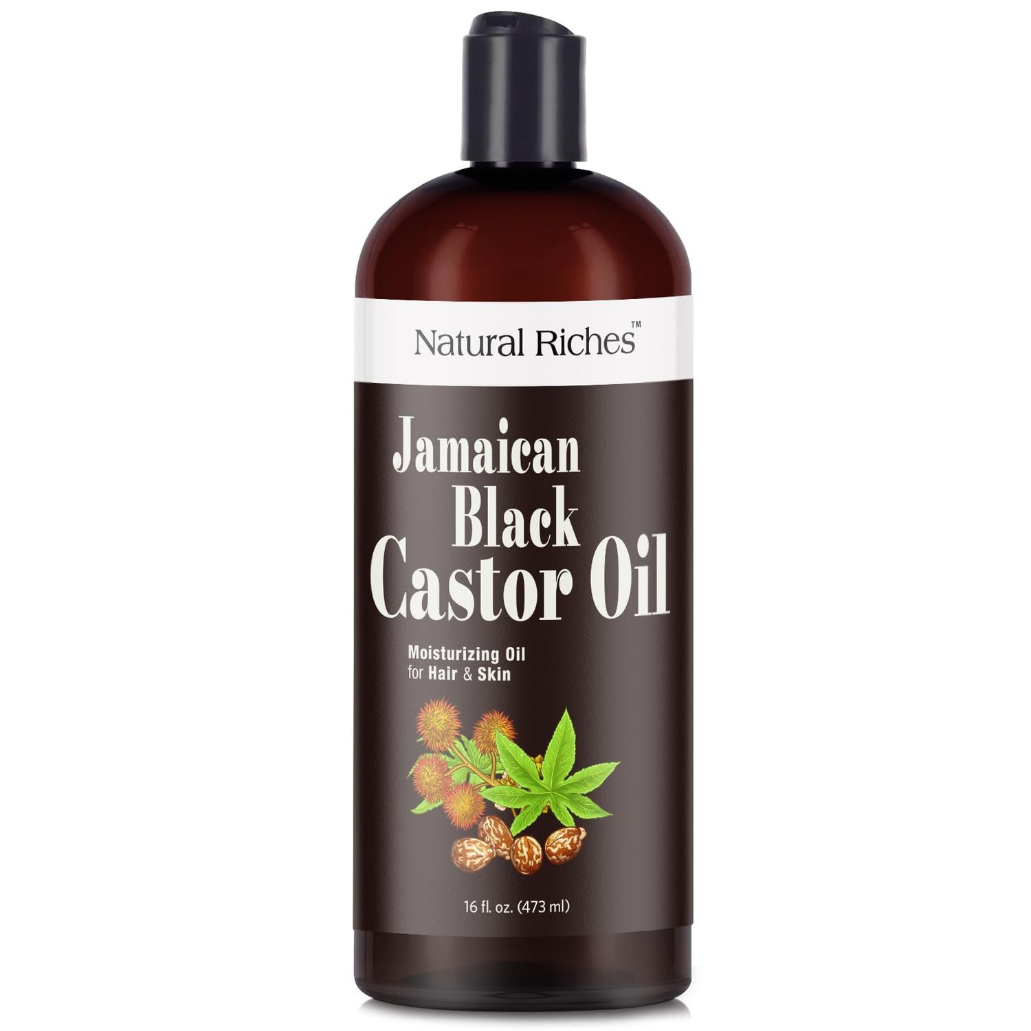 Natural Riches Jamaican Black Castor Oil Pure Organic Cold Pressed for Hair Growth Skin Care for Dry Skin Conditioning Eyebrows Eyelashes Scalp and Nail Moisturizes &amp; Repairs 16fl.oz.