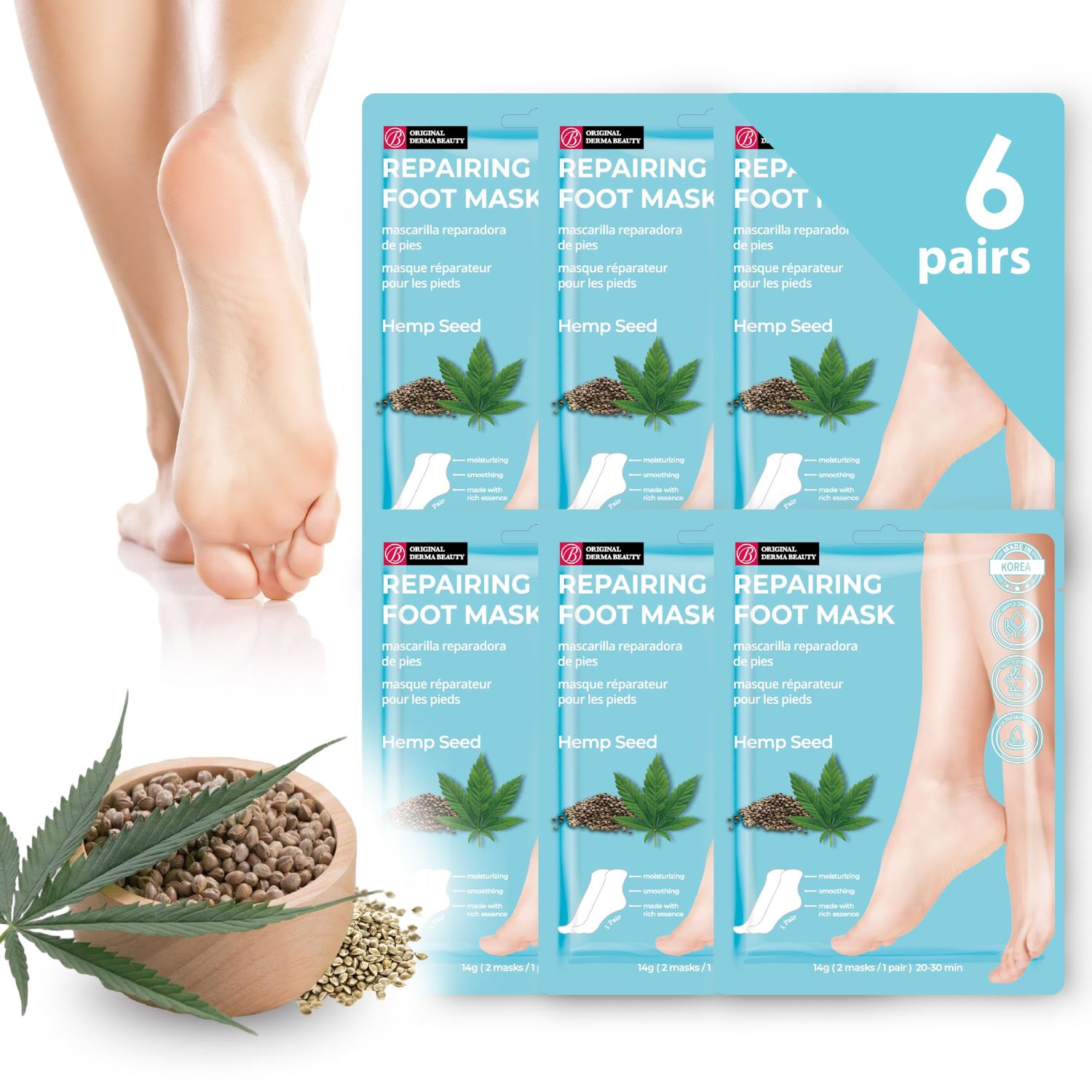 Innerest Original Derma Beauty Foot Mask 6 Pairs Repairing Hemp Seed Foot Masks Body Exfoliator Moisturizing Foot Mask Callus Remover Foot Bath Pedicure Supplies for Beauty &amp; Personal Care