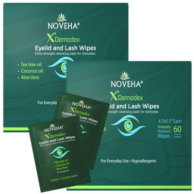 NOVEHA Demodex Eyelid &amp; Lash Wipes | Box of 60 Individually Wrapped Extra Strength Cleansing Eyelash Wipes - Battles Irritated Eyes - Naturally Remove Debris (Pack of 2)