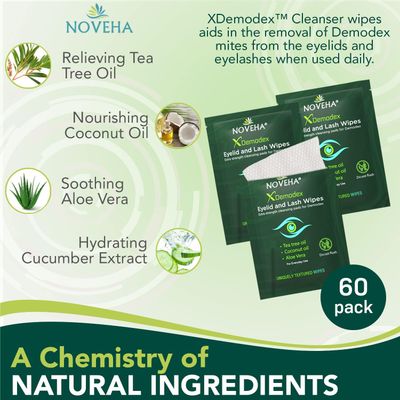 NOVEHA Demodex Eyelid &amp; Lash Wipes | Box of 60 Individually Wrapped Extra Strength Cleansing Eyelash Wipes - Battles Irritated Eyes - Naturally Remove Debris (Pack of 2)