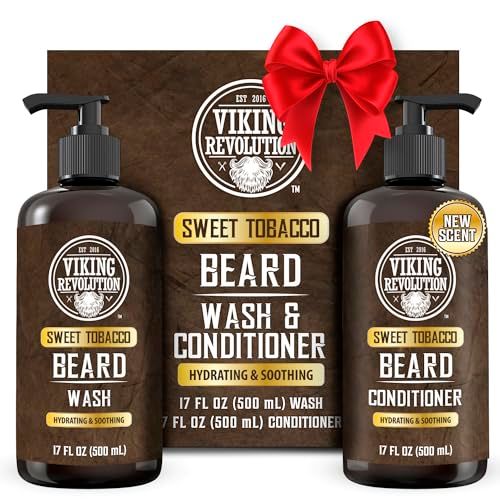 Viking Revolution Beard Wash and Beard Conditioner for Men with Argan Oil and Jojoba Oil - Beard Softener and Strengthener Beard Care Beard Shampoo and Conditioner with Beard Oil (17oz, Sweet Tobacco)