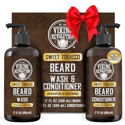 Viking Revolution Beard Wash and Beard Conditioner for Men with Argan Oil and Jojoba Oil - Beard Softener and Strengthener Beard Care Beard Shampoo and Conditioner with Beard Oil (17oz, Sweet Tobacco)
