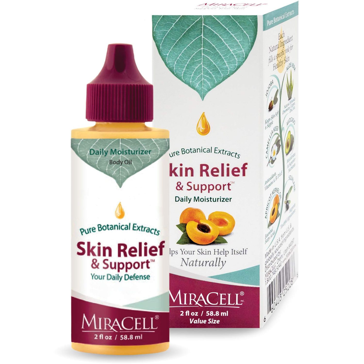 Miracell Skin Relief and Support, Apricot Kernel Oil, Coconut Oil, Sesame Oil Jojoba Oil, Avocado Oil, Camellia oil, Rosehip oil Vitamin E, Serum 2 oz