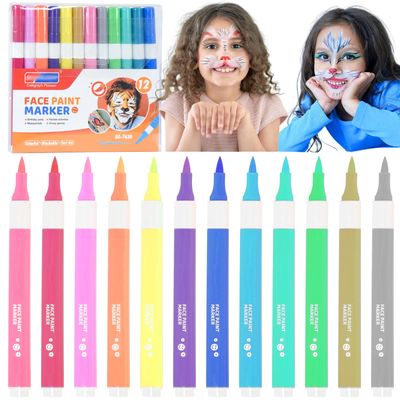 Marte Vanci Face Painting Marker, 12 Colors Face Paint Set Washable Acrylic Paint Pens Temporary Tattoo Markers for Skin Brush Tip Art Pen for Body Halloween Christmas Gift