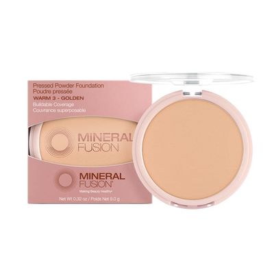 Mineral Fusion Pressed Powder Foundation, Warm 3 - Med/Tan Skin w/Yellowish Undertones, Age Defying Foundation Makeup with Matte Finish, Talc Free Face Powder, Hypoallergenic, Cruelty-Free, 0.32 Oz