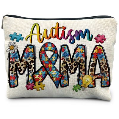 RYYCDOI Autism Mom Gifts, Leopard Autism Mama Makeup Cosmetic Bag - Autism Awareness Gifts, Mama Gifts for Mothers Day, Mom Mother Gifts from Daughters Sons, Mom Small Makeup Bag Pouch for Purse