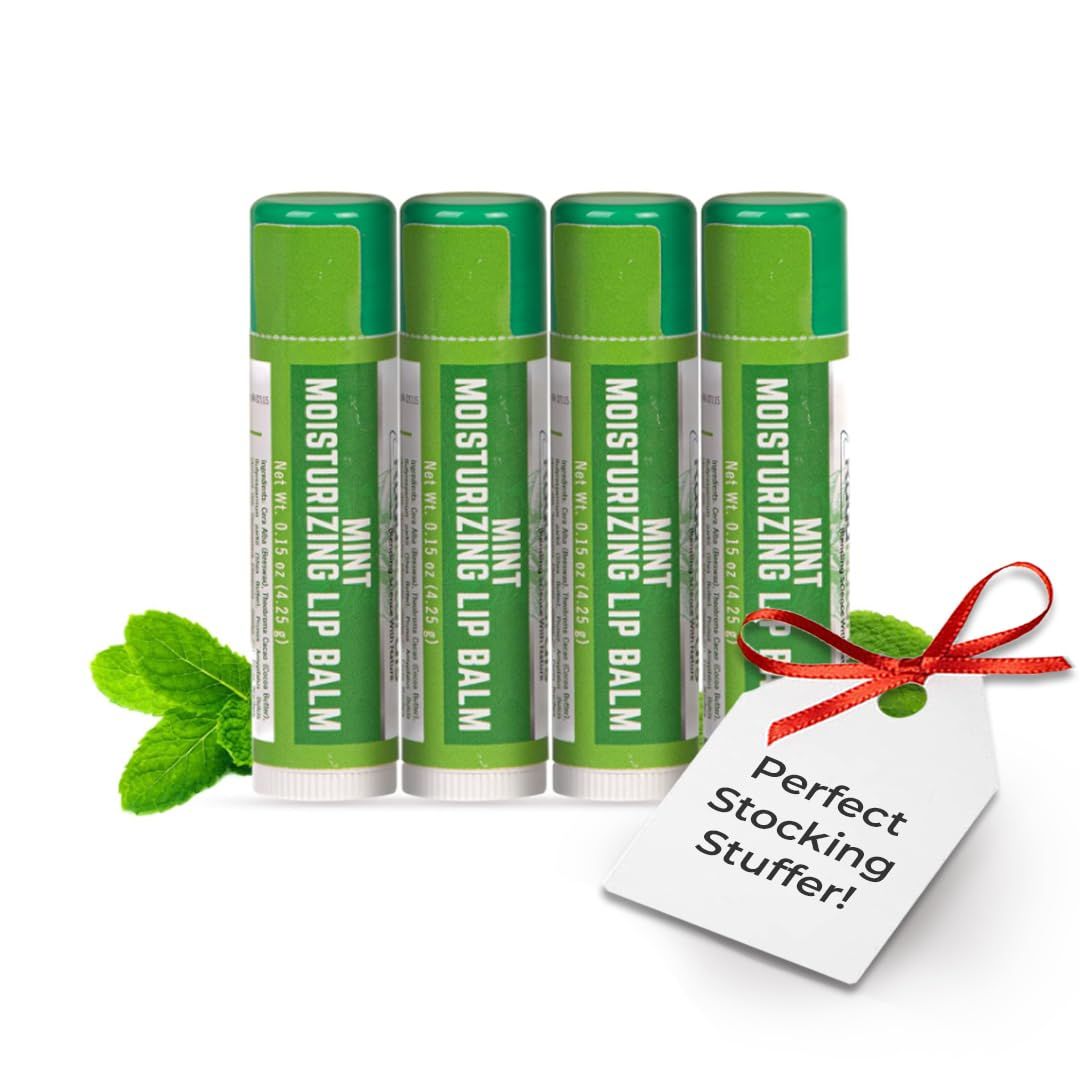 RaGaNaturals Natural Mint Lip Balm - Hydrating Lip Moisturizer for Dry &amp; Cracked Lips with Shea Butter, Cocoa Butter, Vitamin E &amp; Beeswax - Refreshing Mint, Non-Tinted For Wommen, Men &amp; Kids - 4 Pack