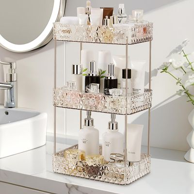 Makeup Organizer for Vanity,Bathroom Countertop Skincare Organizer,Makeup Counter Shelf Perfume Holder Rack,Cosmetic Display Case (Clear,3 Tier)