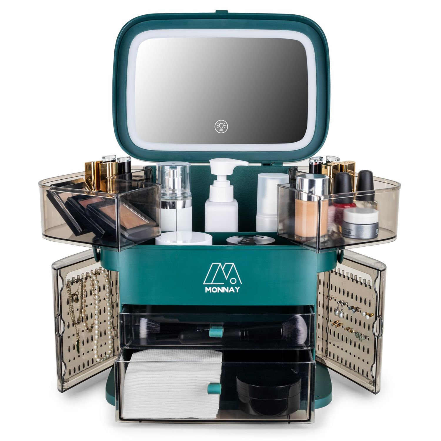 Luxury Cosmetic Beauty and Makeup Organizer and Storage with LED Light Cosmetics Organizer Box for Countertop with Lid, Drawers &amp; handle, Portable Cosmetics Skincare Organizers Box (Green)