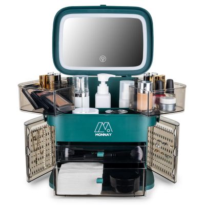 Luxury Cosmetic Beauty and Makeup Organizer and Storage with LED Light Cosmetics Organizer Box for Countertop with Lid, Drawers &amp; handle, Portable Cosmetics Skincare Organizers Box (Green)