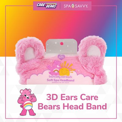Spa Savvy Care Bears Skincare Headband, Cheer Bear Makeup Hair Band with 3D Ears for Washing Face, Skin Care Routine, and Cosmetics
