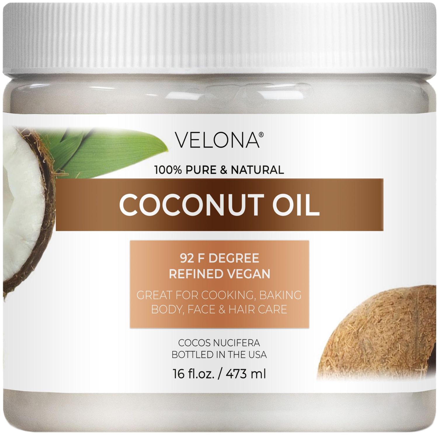 velona Coconut Oil 92 Degree 16 fl oz | 100% Pure and Natural Carrier Oil | in jar | Refined, Cold pressed | Skin, Face, Body, Hair Care | Use Today - Enjoy Results