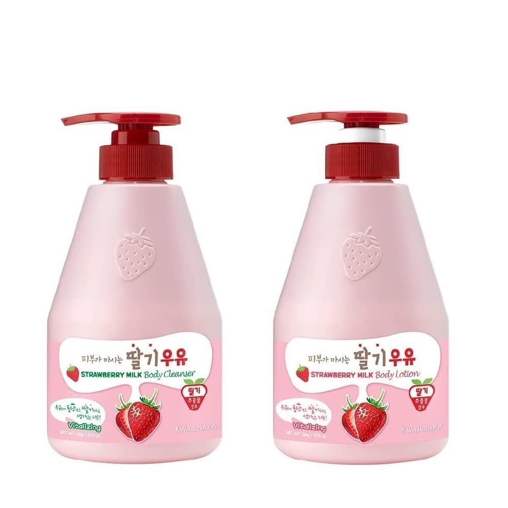 WELCOS KWAILNARA Strawberry Milk Body Lotion &amp; Body Wash Set - Hydrating &amp; Nourishing Korean Skincare Set with Strawberry Extract, 560 g / 19.75 oz Each