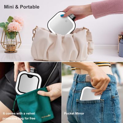 Mocado Compact Travel Makeup Mirror, 1X/10X Magnifying Mirror with Light, Double Sides Compact Mirror with 3 Color Light, Dimmable Handheld Mirror, Rechargeable Travel Mirror for Purse,Pocket(Black)