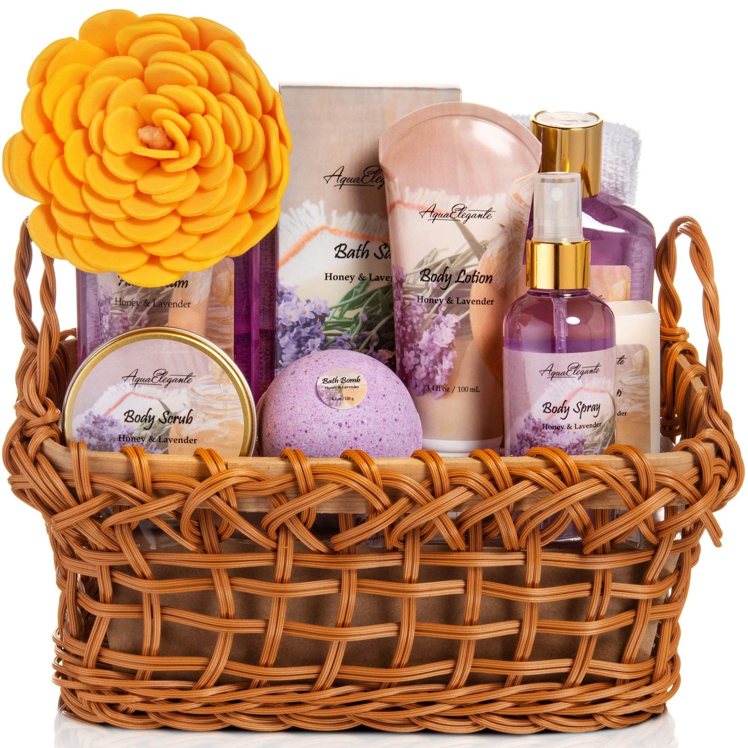 Spa Baskets For Women - Luxury Bath Set With Honey &amp; Lavender - Spa Kit Includes Wash, Bubble Bath, Lotion, Bath Salts, Body Scrub, Body Spray, Shower Puff, Bathbombs, Soap and Towel